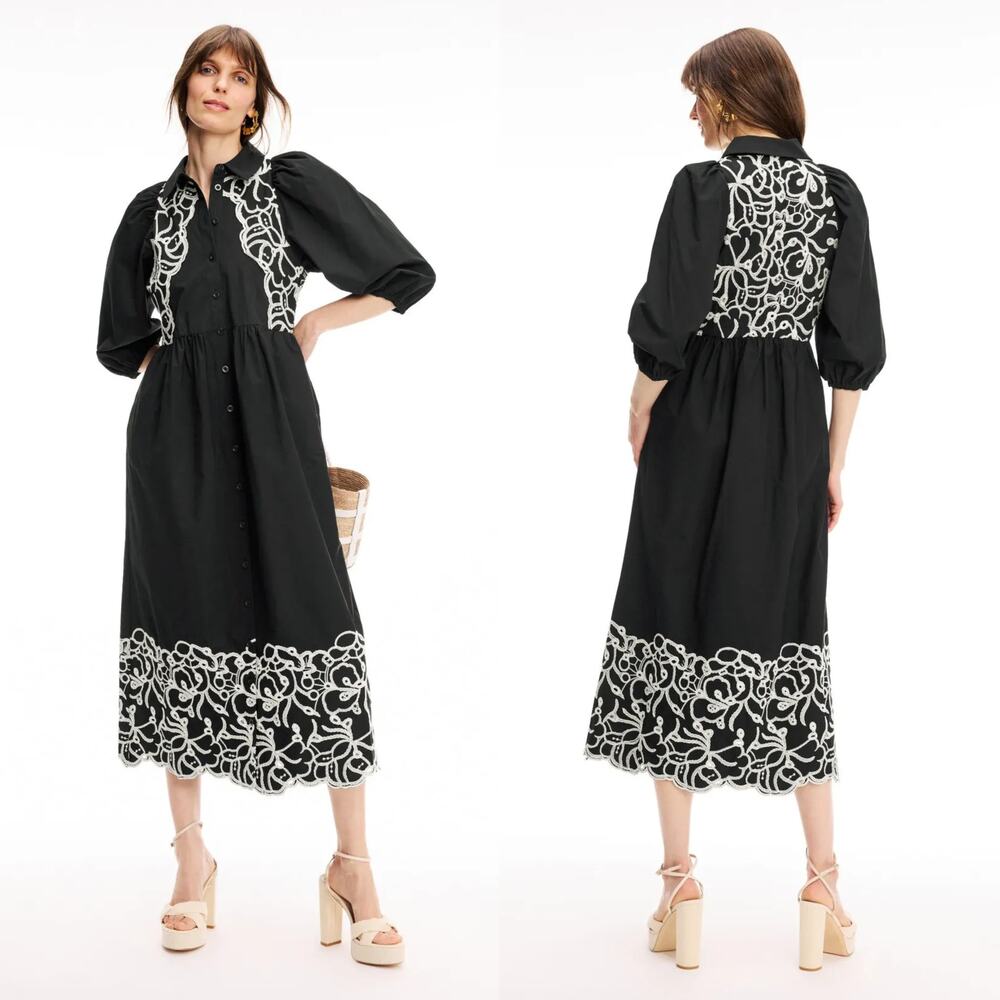 Hofmann Copenhagen Laurel Dress Floral Embroidered Button Front Midi Black US 10